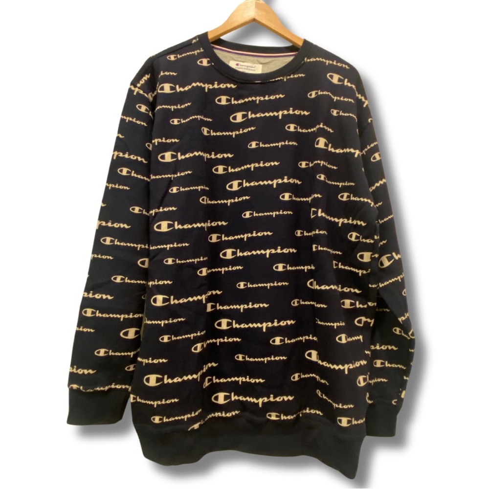 Navy Blue Champion Crew Neck. Champion all over print.